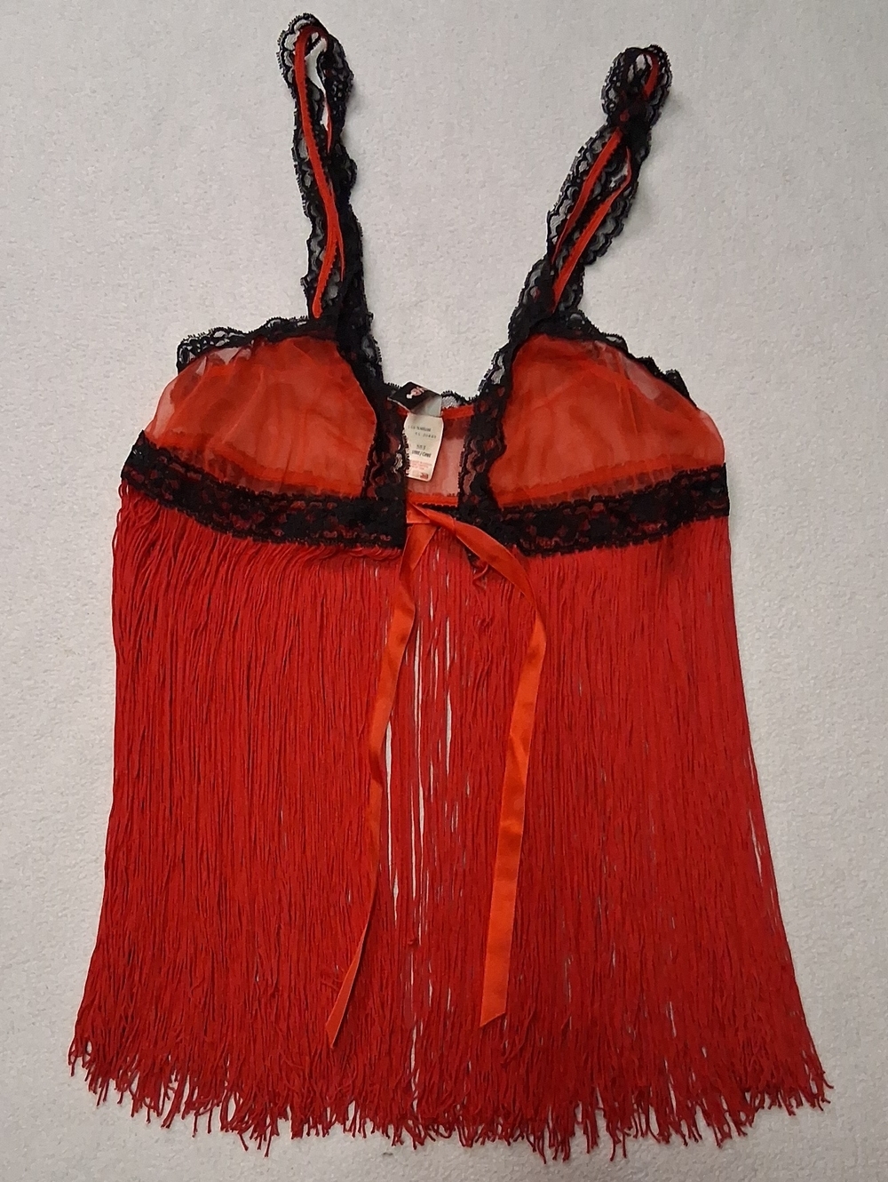 Vintage Cupid Red Fringe Camisole with Black Lace Trim